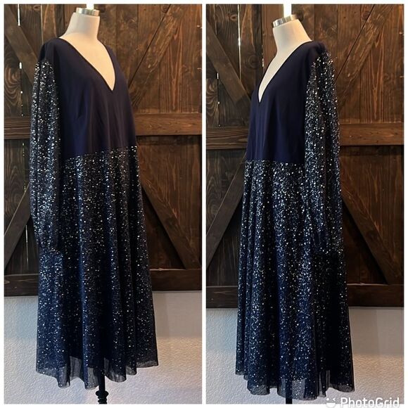 Plus Size Mesh Cocktail Party Dress V Neck Long Sleeve Sheer Formal Midi Dress - Picture 5 of 14